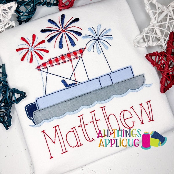 Pontoon Boat with Fireworks Applique Design for Machine Embroidery - 4th of July Embroidery Design - by All Things Applique - Vintage Stitch