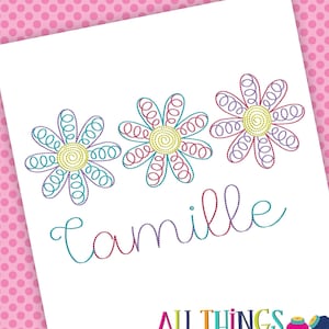 May include: A digital embroidery design featuring three colorful flowers and the name "Camille" in a cursive font. The design is perfect for adding a personalized touch to clothing, home decor, or other crafts.