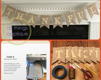 Thankful Banner In-the-Hoop Applique Design (#1049) - Thanksgiving Applique - 4 Sizes - INSTANT DOWNLOAD
