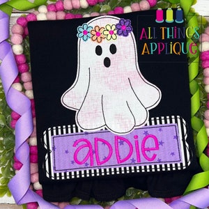 Halloween Applique Design - Ghost with Flower Headband Bean Stitch Machine Embroidery Applique design for Halloween by All Things Applique
