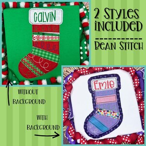 May include: Two styles of Christmas stocking embroidery designs. The first design is a red stocking with green and white trim and the name "Calvin" on the top. The second design is a purple stocking with colorful trim and the name "Emie" on the top. Both designs are in a bean stitch style.