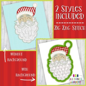 Puede incluir: Dos estilos de diseños de bordado de cara de Papá Noel. Un diseño tiene un fondo verde y el otro no. Ambos diseños presentan un gorro a rayas rojo y blanco, barba blanca y una puntada en zigzag.