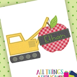 Back to School Boy Crane with Apple Applique Design - Bean Stitch Back to School Machine Embroidery Design - by All Things Applique