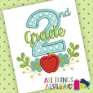 2nd Grade Applique Designs with Flowers and Apple in Satin Stitch for Machine Embroidery by All Things Applique