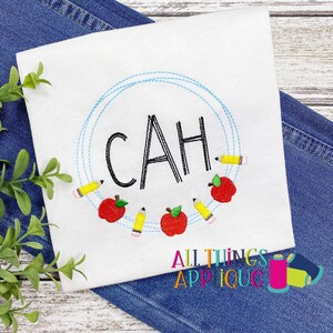 Back to School Embroidery Monogram Frame for Machine Embroidery with Apples and Pencils by All Things Applique