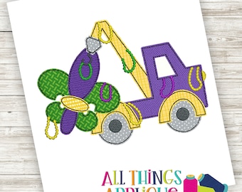 Mardi Gras Applique Design - Tow Truck Fleur de Lis and Mardi Gras Beads Bean Stitch Machine Embroidery Applique Design