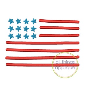 May include: A red, white, and blue embroidered American flag with 13 red stripes and a field of blue with 13 white stars. The flag is a simple design, perfect for a small project.