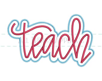 May include: A red cursive word "teach" with a blue outline. The word is stylized with a rounded font.