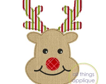 Reindeer Face Applique - BEAN Stitch  (#875)- Christmas Applique Design - 4 Sizes - INSTANT DOWNLOAD