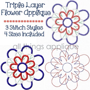 May include: Triple layer flower applique embroidery design in red, white, and blue colors.  3 stitch styles and 4 sizes included.  The design features a layered flower with a center circle and multiple layers of petals.