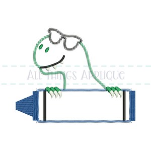 Back to School Dinosaur T-rex Holding a Crayon Zig Zag Applique Design ...