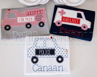 Rescue Vehicle Applique Design Set - Police Car Fire Truck Ambulance - Bean Stitch Applique Design - All Things Applique