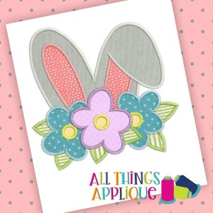 Aplikacja wielkanocnego króliczka z wiosennymi kwiatami - aplikacja wielkanocna ściegiem zygzakowatym autorstwa All Things Applique - NATYCHMIASTOWE POBIERANIE