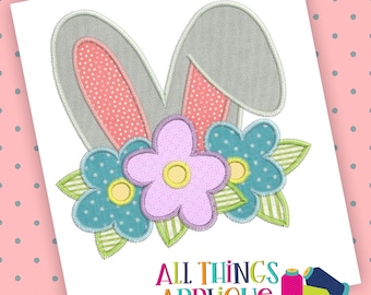 Easter Bunny Applique with Spring Flowers - Zig Zag Stitch Easter Applique Design by All Things Applique - INSTANT DOWNLOAD