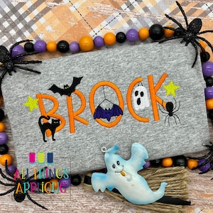 May include: A gray t-shirt with the name "Brock" embroidered in orange with Halloween-themed embellishments including a black cat, bats, a ghost, and a spider.