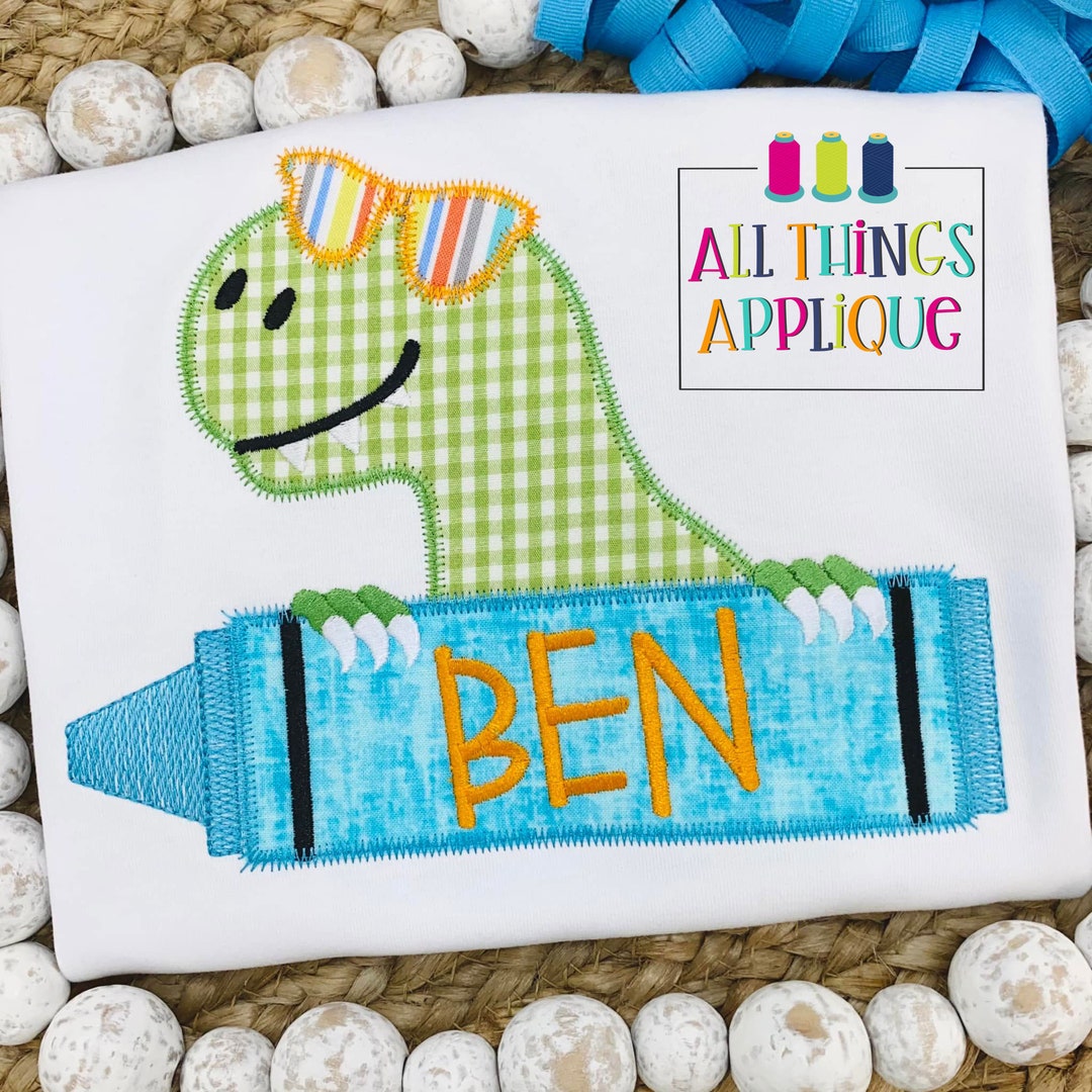 Back to School Dinosaur T-rex Holding a Crayon Zig Zag Applique Design ...