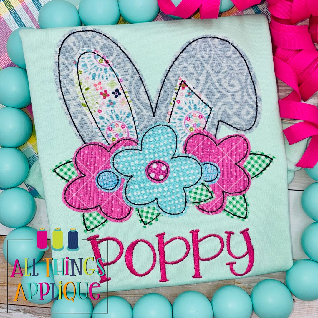 Easter Bunny Applique Design With Spring Flowers - Vintage Bean Stitch ...