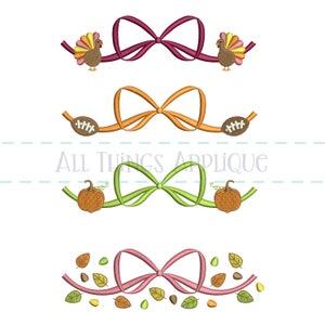 Fall Bow Embroidery Design Bundle with Football, Pumpkin, Turkey, and Leaves - by All Things Applique
