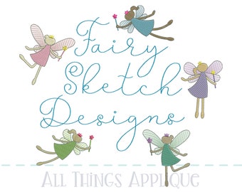 Fairy Sketch Embroidery Designs - 5 Fairy Designs with Star Wand and Crown - by All Things Applique