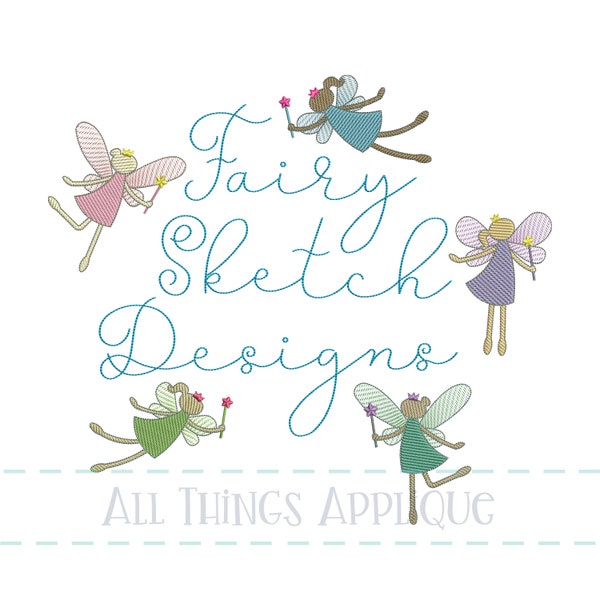 Fairy Sketch Embroidery Designs - 5 Fairy Designs with Star Wand and Crown - by All Things Applique