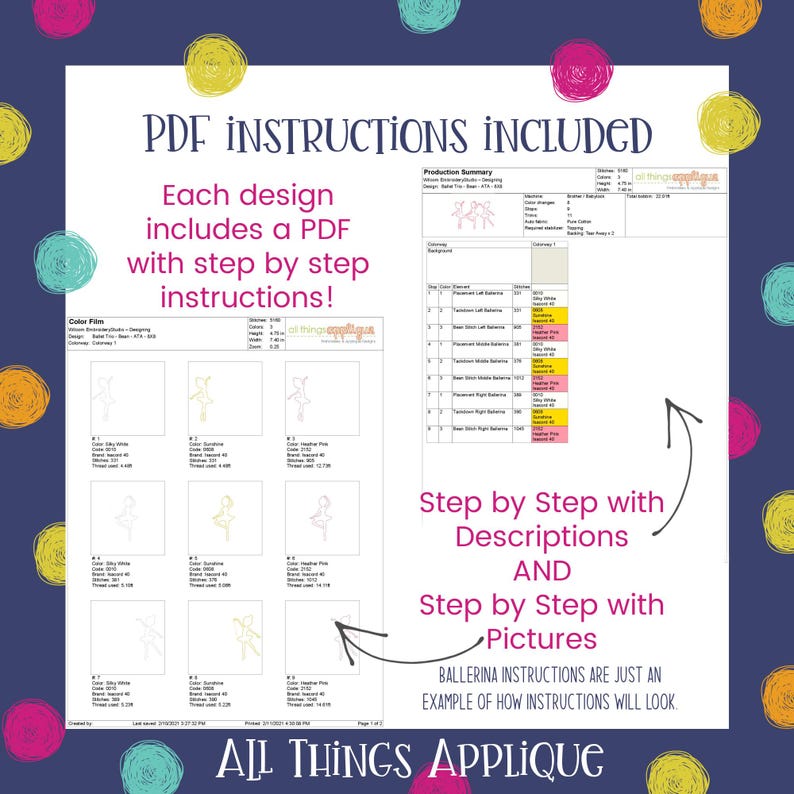 May include: A digital image showing a PDF document with instructions for creating an applique design. The document includes step-by-step instructions with descriptions and pictures. The text on the page reads "PDF Instructions Included" and "All Things Applique".