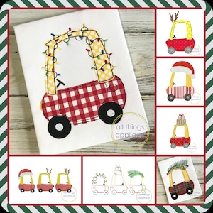 May include: A white fabric with a red and white checkered car design, adorned with a yellow polka-dot arch of Christmas lights. Additional images show similar car designs with festive decorations, including a Santa hat, reindeer antlers, and gifts.