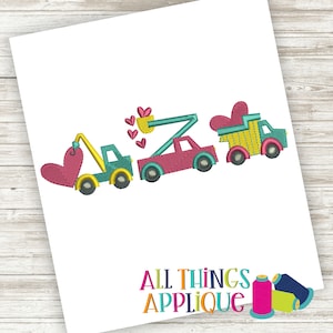 Valentine Truck Trio Embroidery Design - Dump Truck, Power Truck & Tow Truck with Hearts Embroidery Design for Machine Embroidery