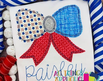 Patriotic Bow Applique Design for 4th of July | Red White Blue Flag Embroidry Design | All Things Applique | Girl July 4th Embroidery