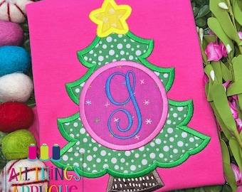 Christmas Tree Monogram Circle Applique - Christmas Applique Design - 3 Sizes - INSTANT DOWNLOAD