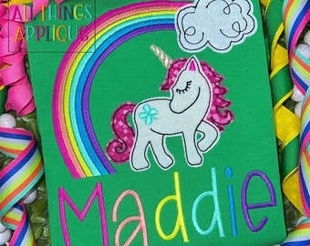St. Patrick's Day Bean Stitch Applique Design - Unicorn Under a Rainbow Design by All Things Applique - 4 Sizes - Instant Download