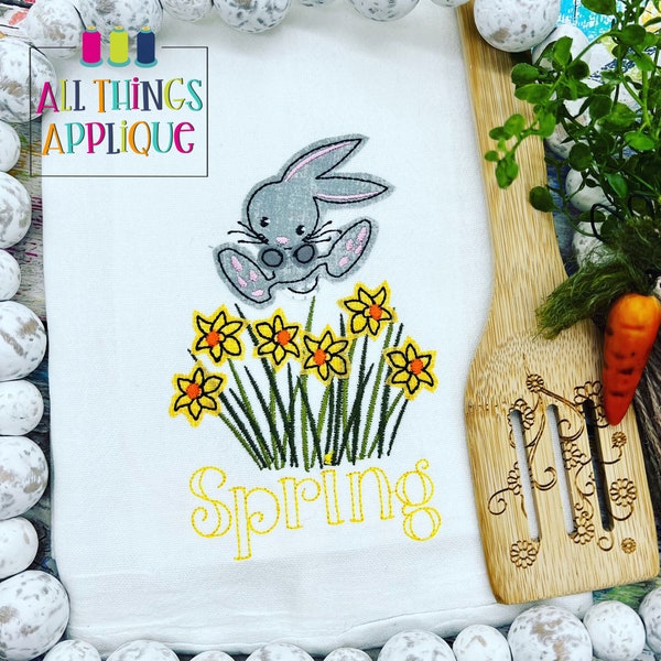 Easter Bunny Vintage Bean Stitch Applique Design - Easter Bunny Jumping Over Buttercup Daffodils - Machine Embroidery Applique Design