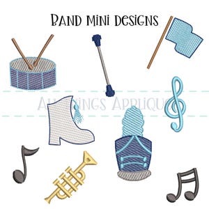 May include: A set of nine mini embroidery designs featuring marching band instruments and accessories. The designs include a drum, a baton, a marching shoe, a trumpet, a music note, a treble clef, a marching band hat, and a flag.