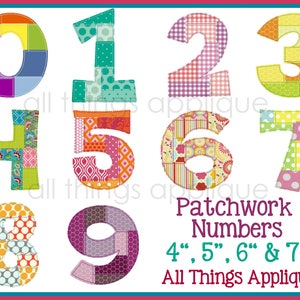 以下が含まれることがあります： 様々な色と模様の、パッチワークの数字0から9。数字の高さは10cm、12cm、15cm、18cmです。「Patchwork Numbers 4", 5", 6" & 7" All Things Applique」という文字が数字の下に書かれています。