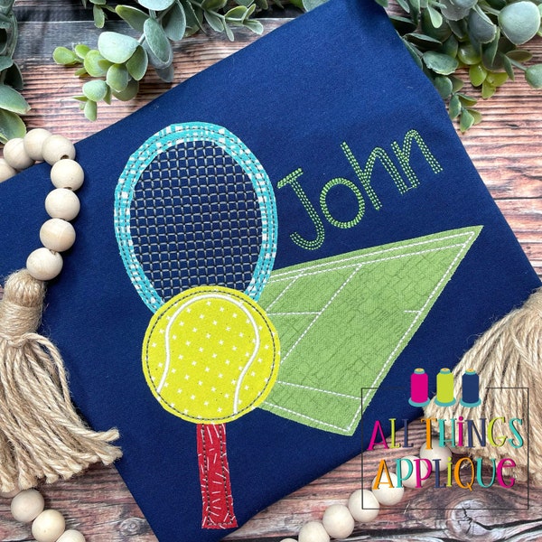 Tennis Court Machine Embroidery Design - Applique Tennis Court with Tennis Racket and Tennis Ball Bean Stitch Applique Design