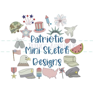 Patriotic Mini Sketch Machine Embroidery Design Bundle - 20 Designs - 4 Sizes Each - Military, USA, Fireworks, 4th of July, Veteran&#39;s Day