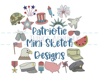 Patriotic Mini Sketch Machine Embroidery Design Bundle - 20 Designs - 4 Sizes Each - Military, USA, Fireworks, 4th of July, Veteran's Day