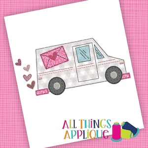 Diseño de apliques de camión de correo de San Valentín: camión postal con diseño de apliques de puntada de frijol para bordado a máquina de corazones