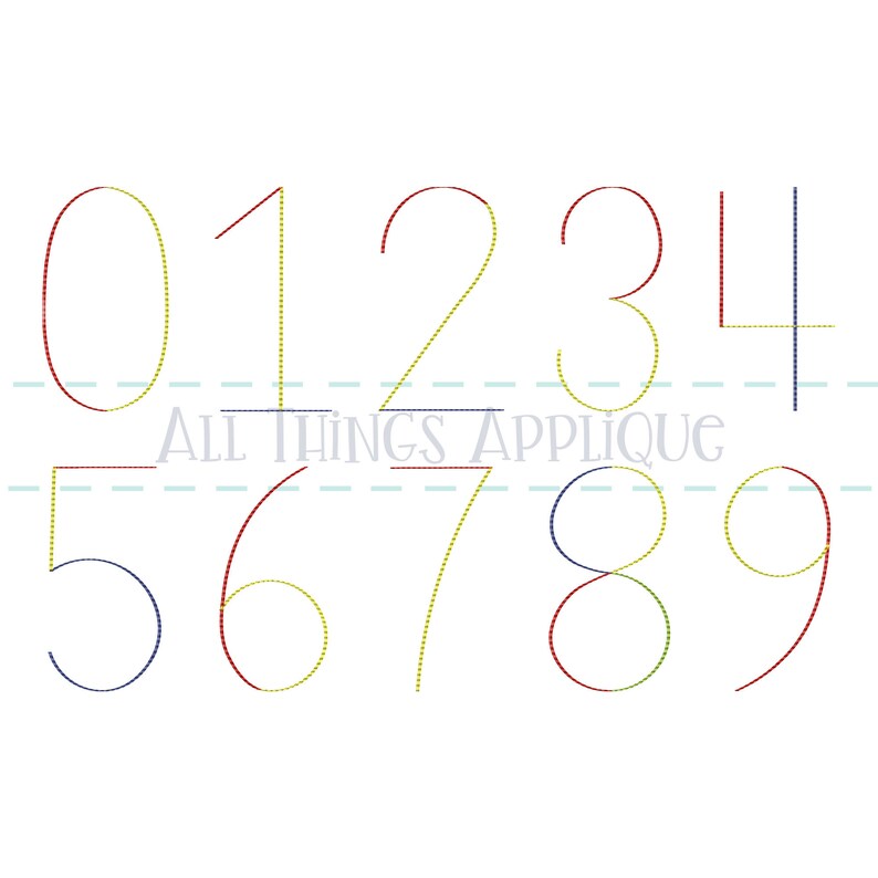 May include: A set of embroidered numbers 0 through 9 in various colors, including red, yellow, and blue. The numbers are displayed on a white background with a dashed line beneath them. The text "ALL THINGS APPLIQUE" is also present.