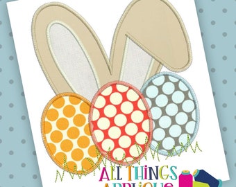 Easter Bunny Applique Design with Easter Eggs - Zig Zag Stitch Easter Applique Design by All Things Applique - INSTANT DOWNLOAD