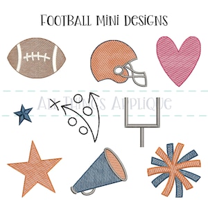 May include: A set of nine mini embroidery designs featuring football-themed imagery. The designs include a football, helmet, heart, goal post, megaphone, star, cheerleading pom-poms, and a play diagram.