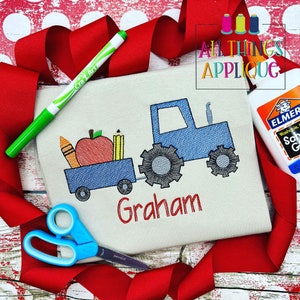 Back to School Tractor with Apple Pencil and Crayon Sketch Stitch Embroidery Design by All Things Applique