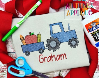 Back to School Tractor with Apple Pencil and Crayon Sketch Stitch Embroidery Design by All Things Applique