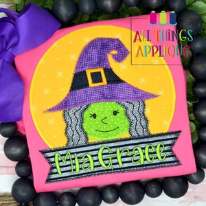 Aplikacja do haftu maszynowego na Halloween - aplikacja do ściegu zygzakowatego czarownicy z polem na imię