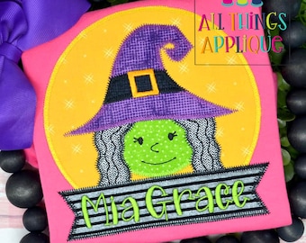 Halloween Machine Embroidery Applique Design - Witch Zig Zag Stitch Applique Design with Name Box