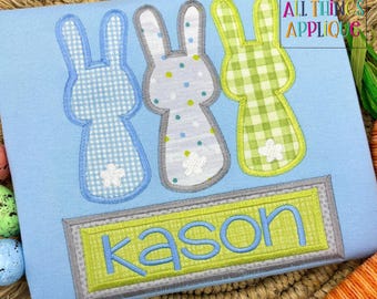 Easter Bunny Trio Applique Design with Name Frame - Zig Zag Stitch Machine Embroidery Design - Perfect for Easter - by All Things Applique