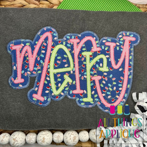 Merry Handlettered Applique Design - Christmas Zig Zag Applique and Sketch Embroidery Double Stacked Machine Embroidery Applique Design