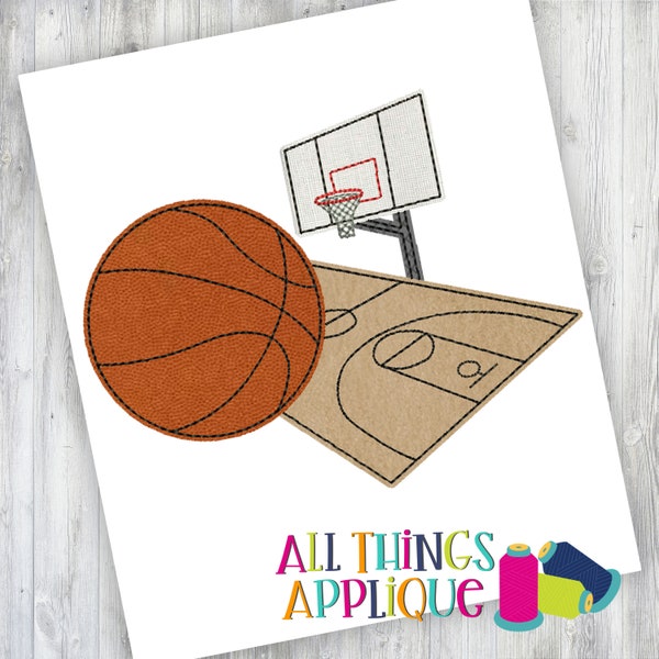 Basketball Court Machine Embroidery Applique Design - Basketball Goal and Court and Hoop Sport Field Bean Stitch Design