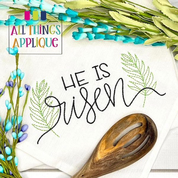 He is Risen Embroidery Design with Vintage Stitch Palm Branch for Easter Sunday and Palm Sunday - Machine Embroidery Design