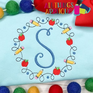 Back to School Embroidery Monogram Frame for Machine Embroidery with Apples and Pencils by All Things Applique