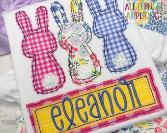 Easter Bunny Trio Applique Design with Name Frame - Bean Stitch Machine Embroidery Design - Perfect for Easter - by All Things Applique
